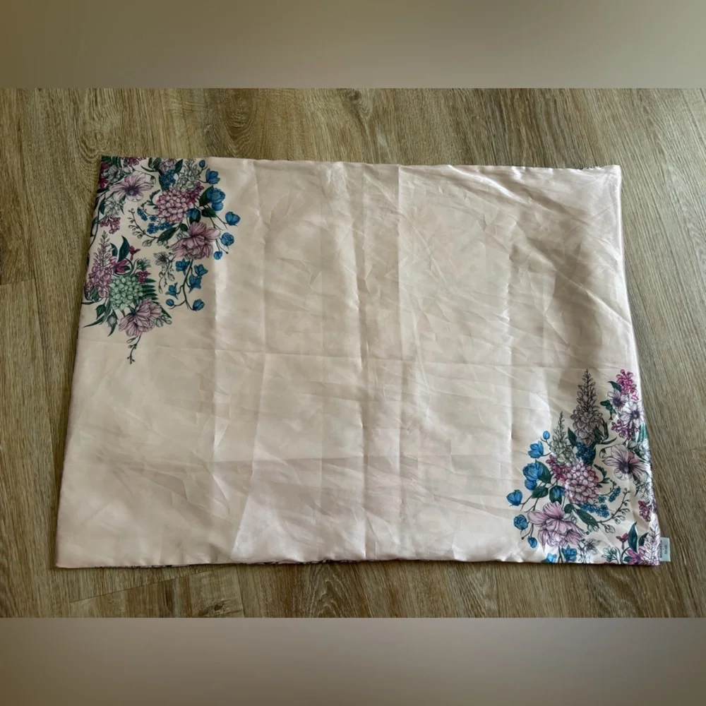 Kitsch Bridgerton Pink Satin Pillowcase with Blue & Purple Floral Accents